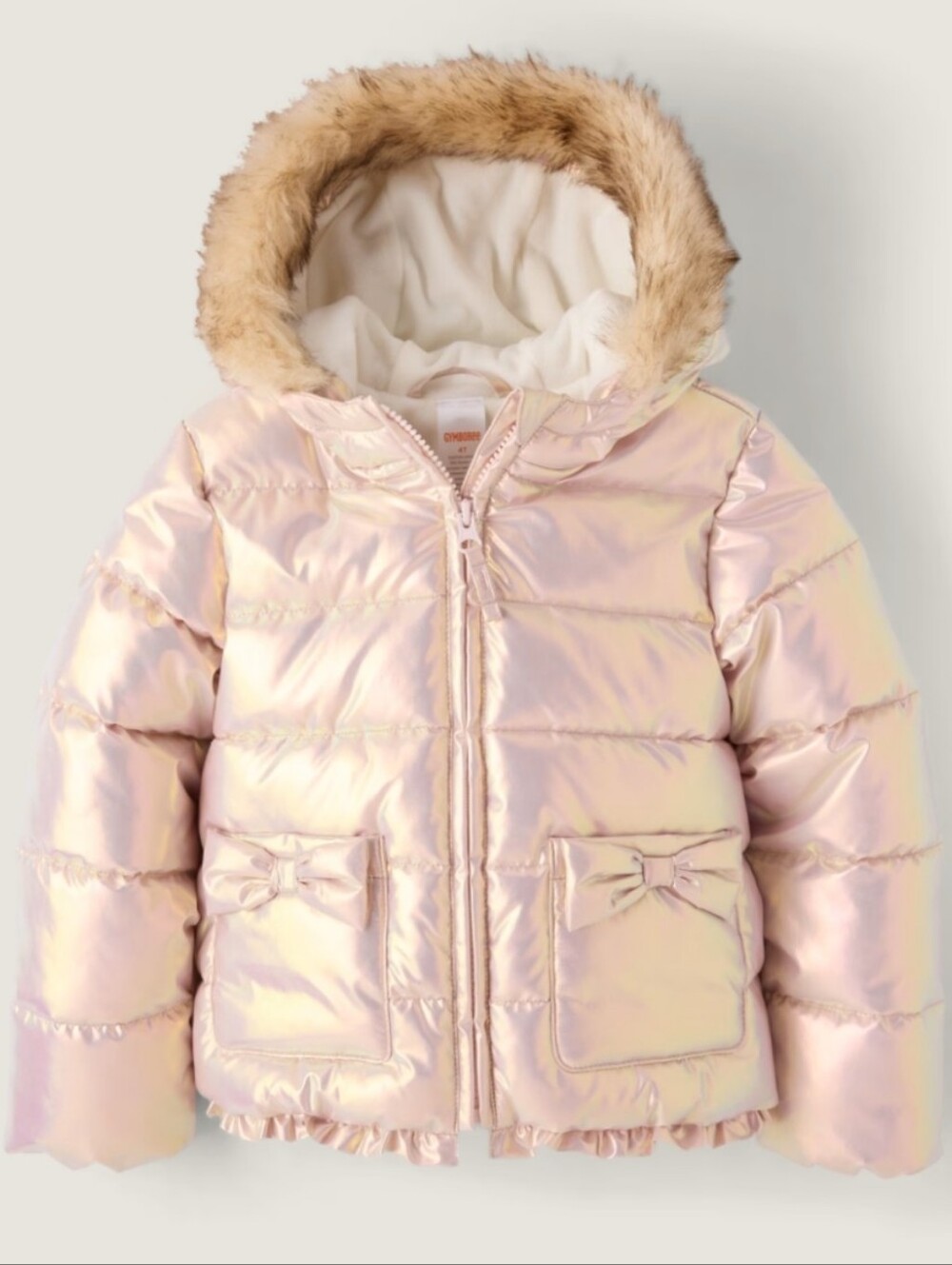 NWT Gymbore Girl's Iridescent Pink Shimmer Hooded Puffer Jacket, Faux-Fur Trim